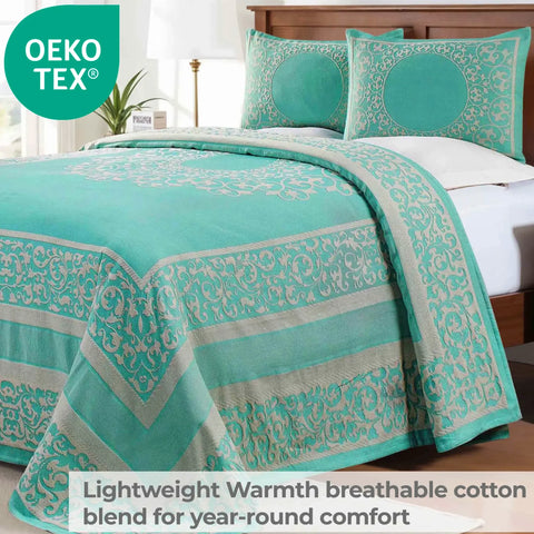 Lightweight Cotton Bedspread Set 3-Piece Lyron Floral Scroll Jacquard