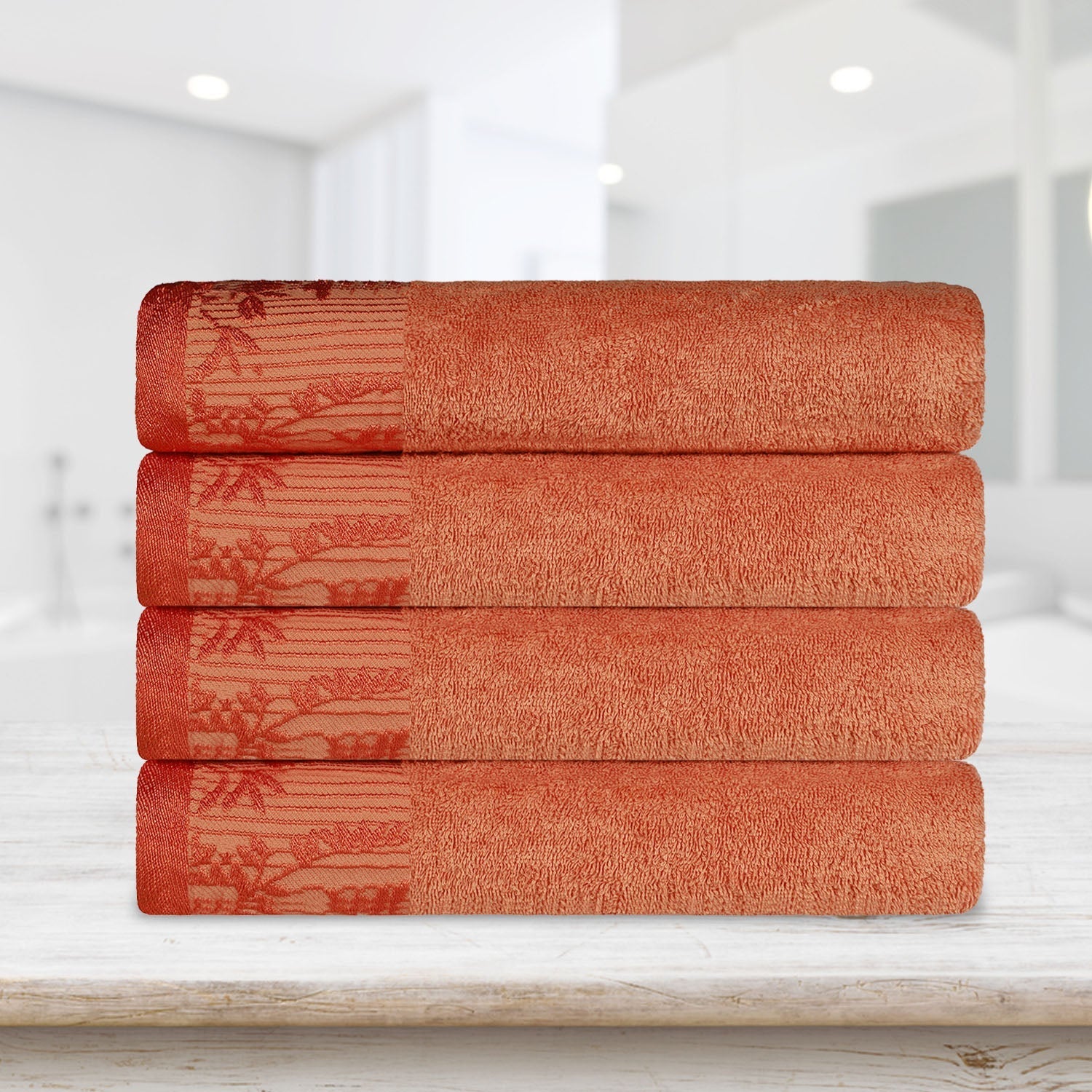Cotton Floral Jacquard Border Bath Towel Set of 4
