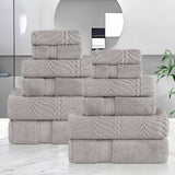 Chevron Zero Twist Solid and Jacquard Soft Cotton 12 Piece Towel Set