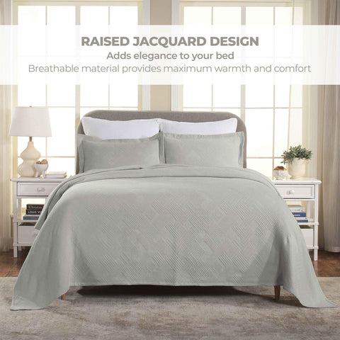 Lightweight Cotton Bedspread Sets 3-Piece Geometric Fret Jacquard Matelassé Scalloped