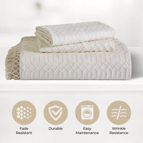 Lightweight Cotton Bedspread Set 3-Piece Remi Geometric Fringe Jacquard