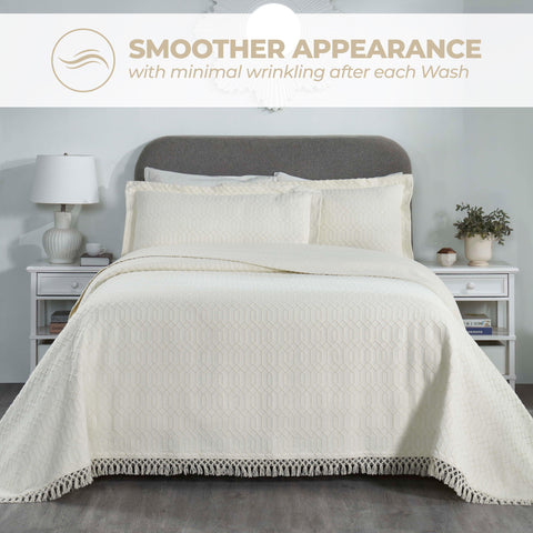 Lightweight Cotton Bedspread Set 3-Piece Remi Geometric Fringe Jacquard