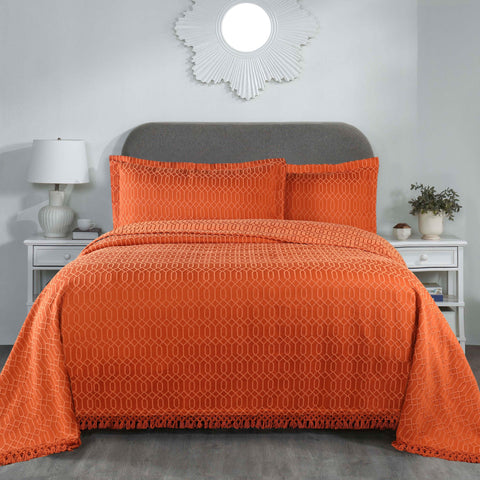 Lightweight Cotton Bedspread Set 3-Piece Remi Geometric Fringe Jacquard