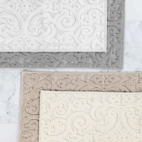 Venere Floral Scroll Textured Washable Bath Rugs, Set of 2