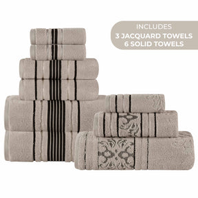 Sadie Zero Twist Cotton Solid and Jacquard Floral 9 Piece Towel Set