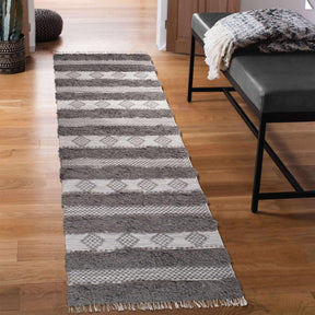Farmhouse Wool Geometric Stripe Fringe Indoor Area or Runner Rug