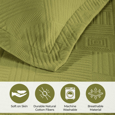 Lightweight Cotton Bedspread Sets 3-Piece Geometric Fret Jacquard Matelassé Scalloped