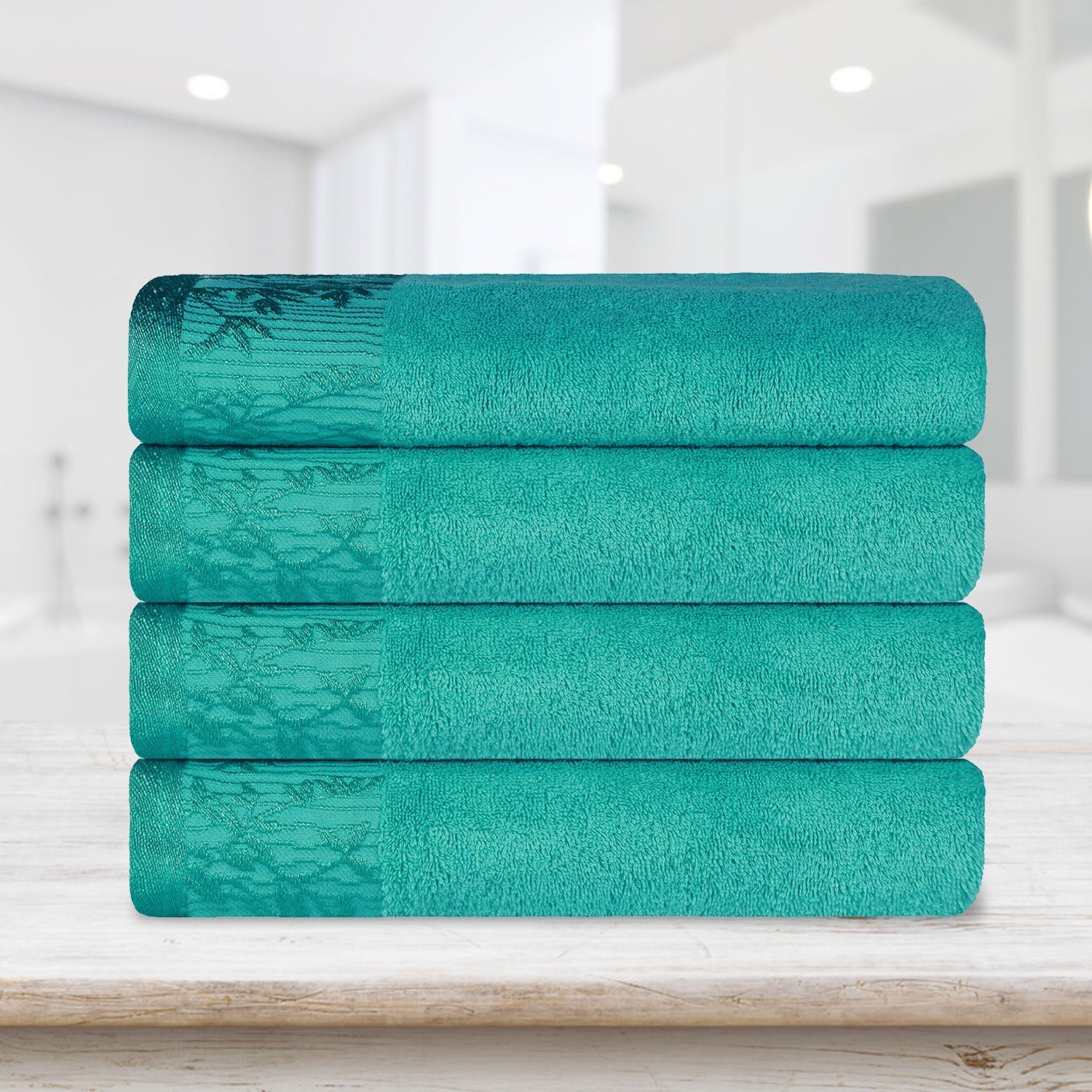 Cotton Floral Jacquard Border Bath Towel Set of 4