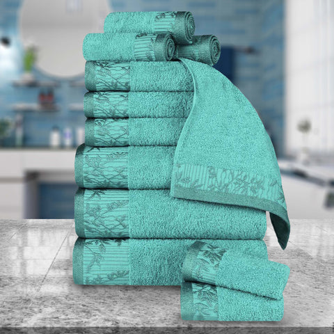 Wisteria Cotton Medium Weight Floral Jacquard Border 12 Piece Towel Set