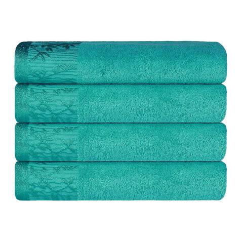 Cotton Floral Jacquard Border Bath Towel Set of 4 - Wisteria