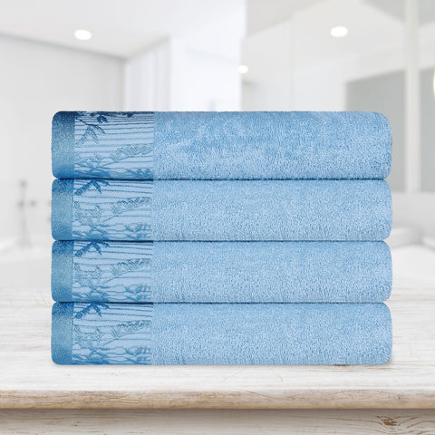 Cotton Floral Jacquard Border Bath Towel Set of 4 - Wisteria