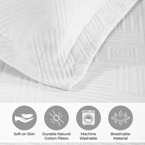 Lightweight Cotton Bedspread Sets 3-Piece Geometric Fret Jacquard Matelassé Scalloped