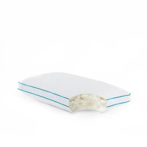 White memory foam pillow with blue trim, showing plush filling for comfort and support