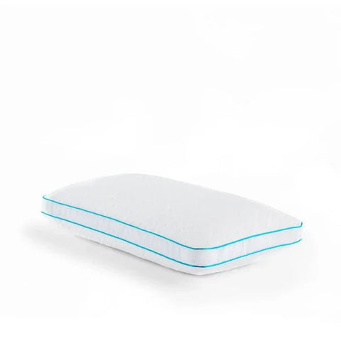 White memory foam pillow with blue trim, luxury bedding accessory for comfortable sleep
