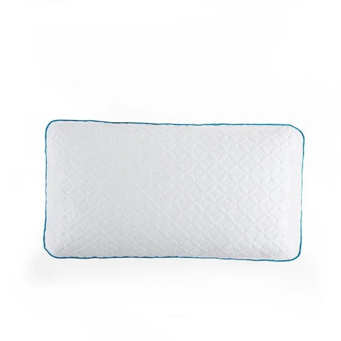 White quilted pillow with blue trim, luxury bedding accessory for comfortable sleep