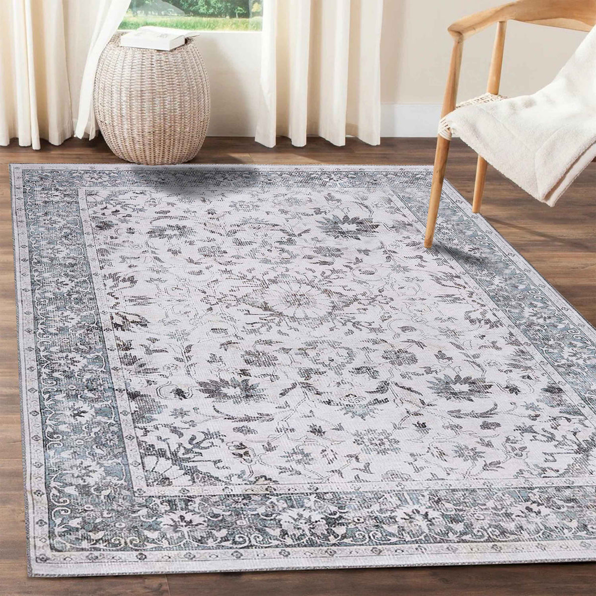 Agra Floral Scroll Washable Indoor Area Rugs or Runner Rug
