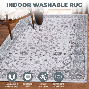 Agra Floral Scroll Washable Indoor Area Rugs or Runner Rug