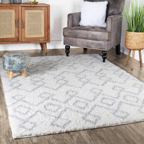 Alia Boho Geometric Diamonds Indoor Plush Shag Area Rug Or Runner Rug
