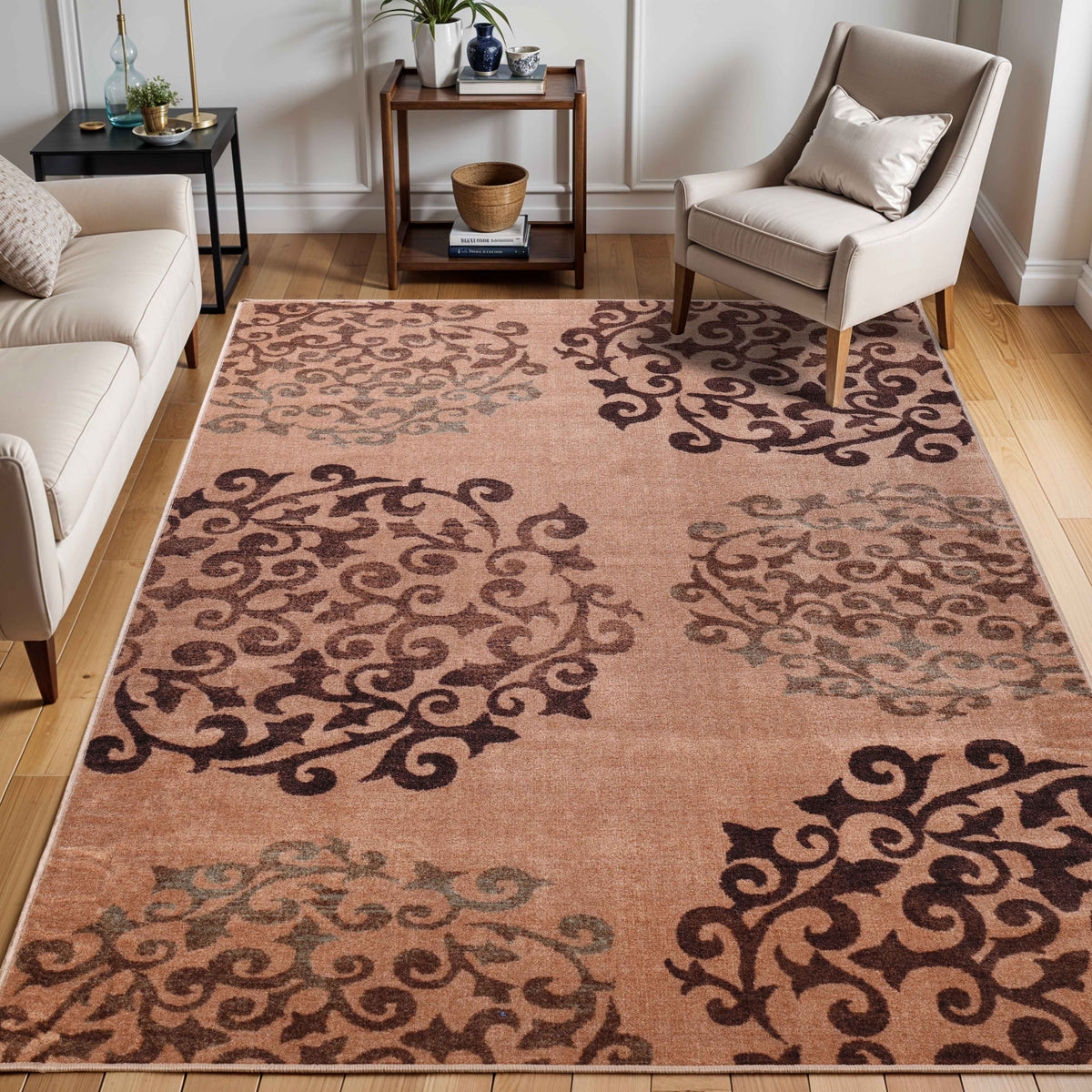 Amber Floral Scroll Medallion Non-Slip Washable Indoor Area Rug or Runner