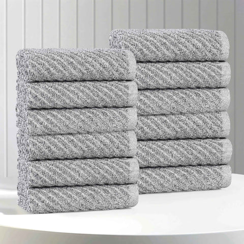 Amelia Cotton Blend Diagonal Ribbed Face Towels Washcloths, Set of 12