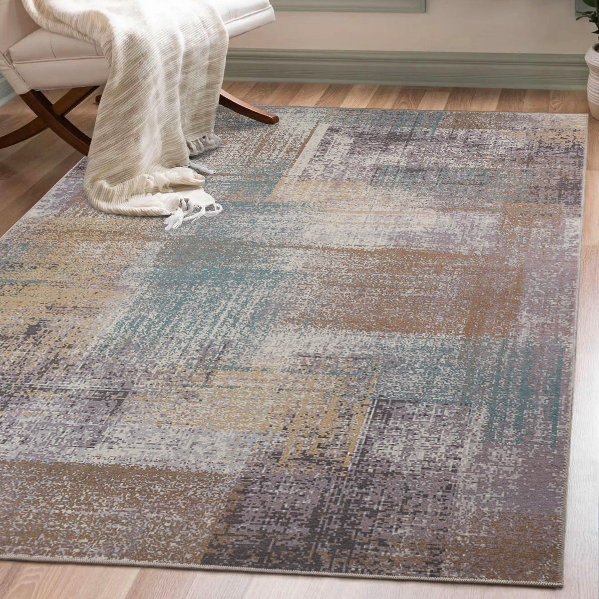 Ara Brushed Patchwork Non-Slip Washable Indoor Area Rug or Runner