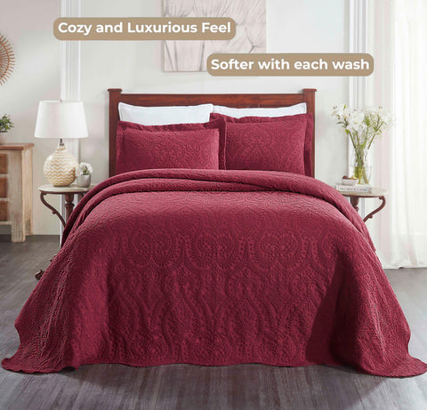 Lightweight Cotton Blend Bedspread Set 3-Piece Aspen Jacquard Floral Scalloped Edge