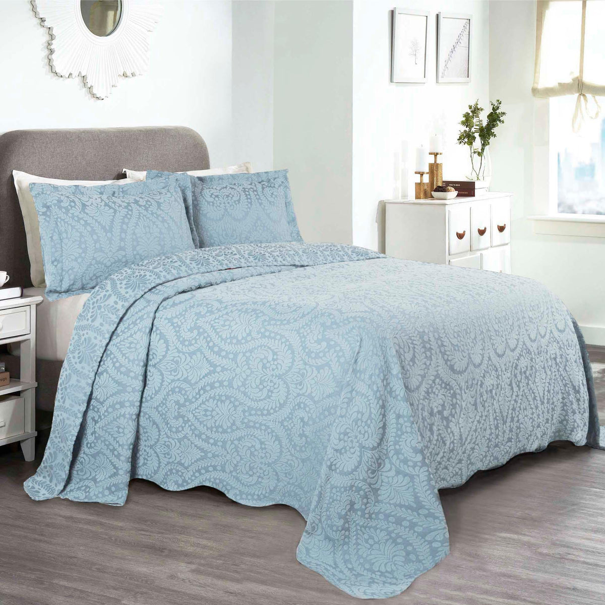 Lightweight Cotton Blend Bedspread Set 3-Piece Aspen Jacquard Floral Scalloped Edge