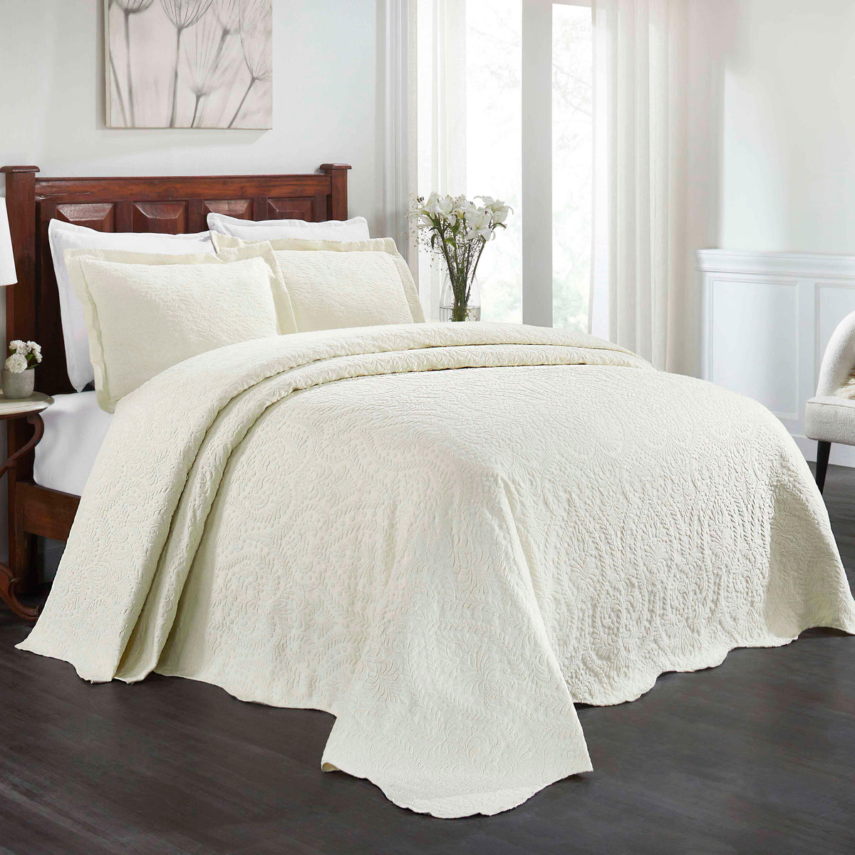Lightweight Cotton Blend Bedspread Set 3-Piece Aspen Jacquard Floral Scalloped Edge