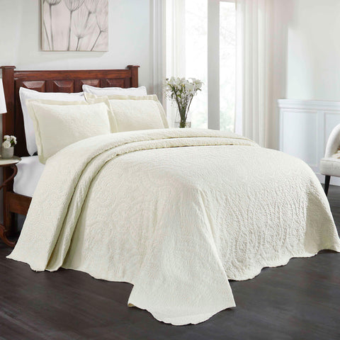 Lightweight Cotton Blend Bedspread Set 3-Piece Aspen Jacquard Floral Scalloped Edge