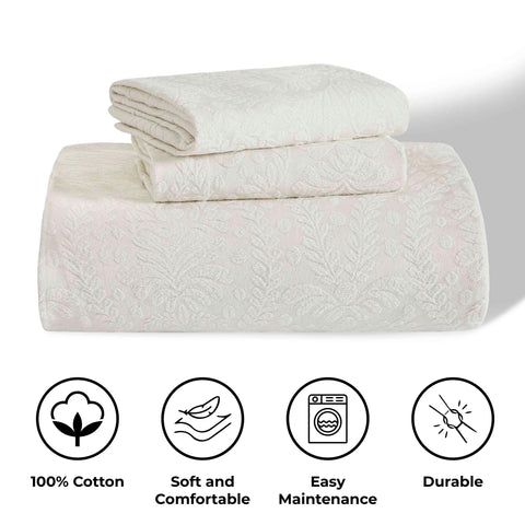 Lightweight Cotton Blend Bedspread Set 3-Piece Aspen Jacquard Floral Scalloped Edge