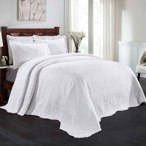Lightweight Cotton Blend Bedspread Set 3-Piece Aspen Jacquard Floral Scalloped Edge