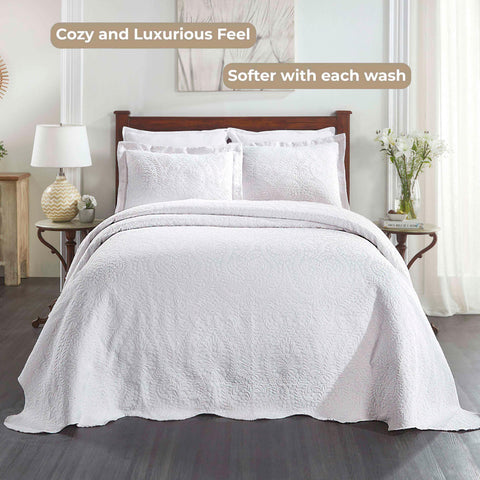 Lightweight Cotton Blend Bedspread Set 3-Piece Aspen Jacquard Floral Scalloped Edge