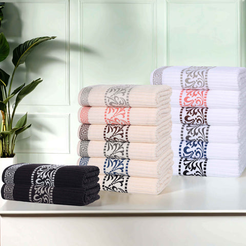 Athens Cotton Medium Weight Floral Greek Key Trim 3 Piece Towel Set