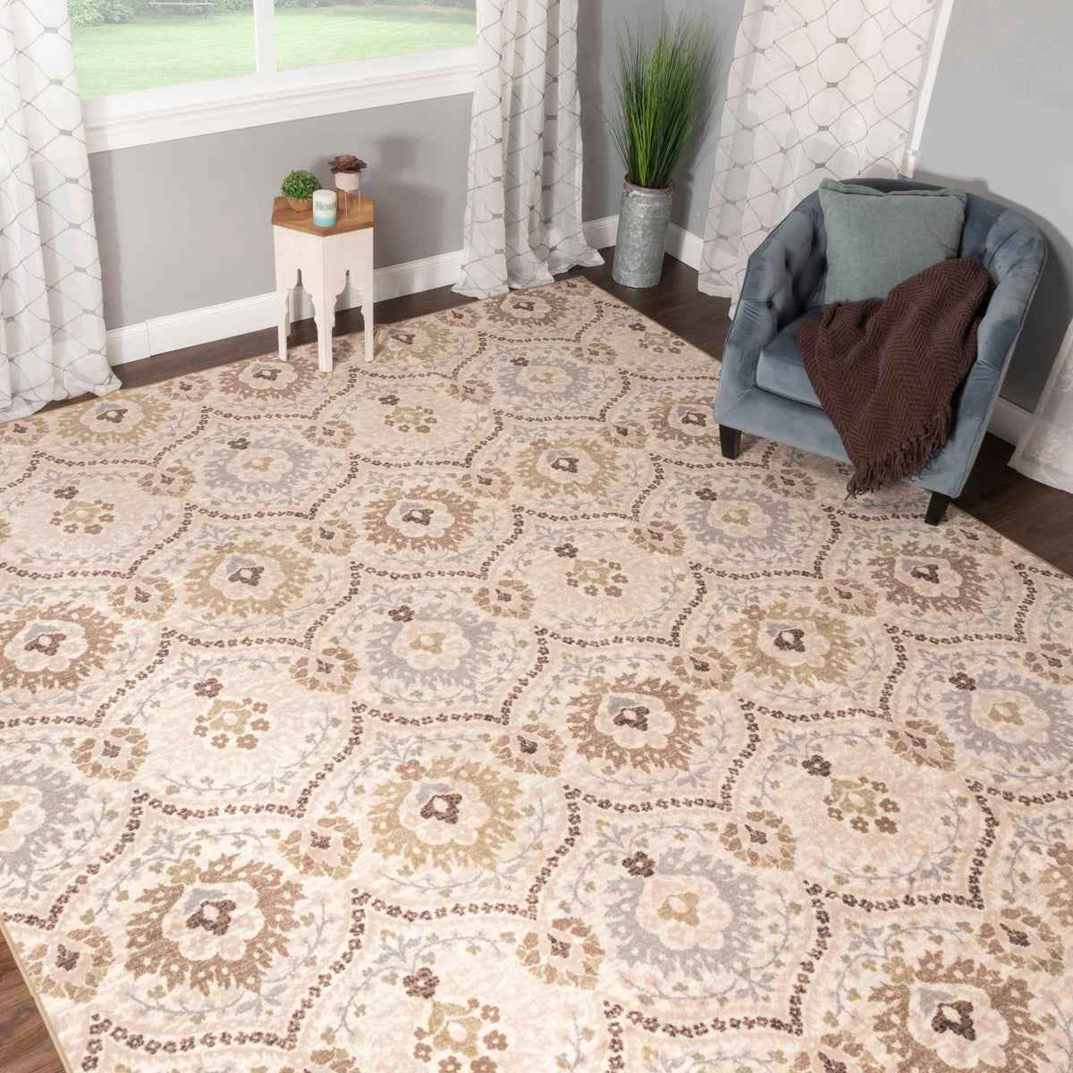 Augusta Rustic Floral Damask Non-Slip Indoor Washable Area Rug