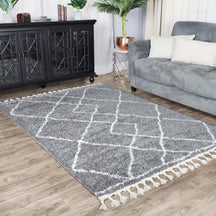 Boho Geometric Diamonds Indoor Plush Shag Area Rug with Tassels