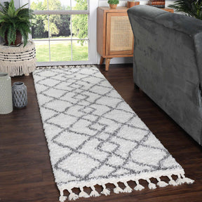 Boho Geometric Diamonds Indoor Plush Shag Area Rug with Tassels