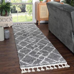Boho Geometric Diamonds Indoor Plush Shag Area Rug with Tassels