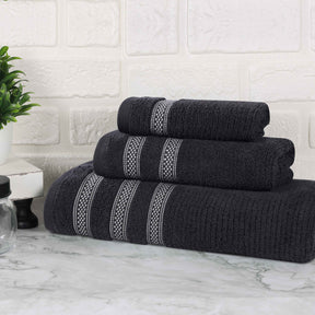 Brea Zero Twist Cotton Ribbed Geometric Border 3 Piece Towel Set