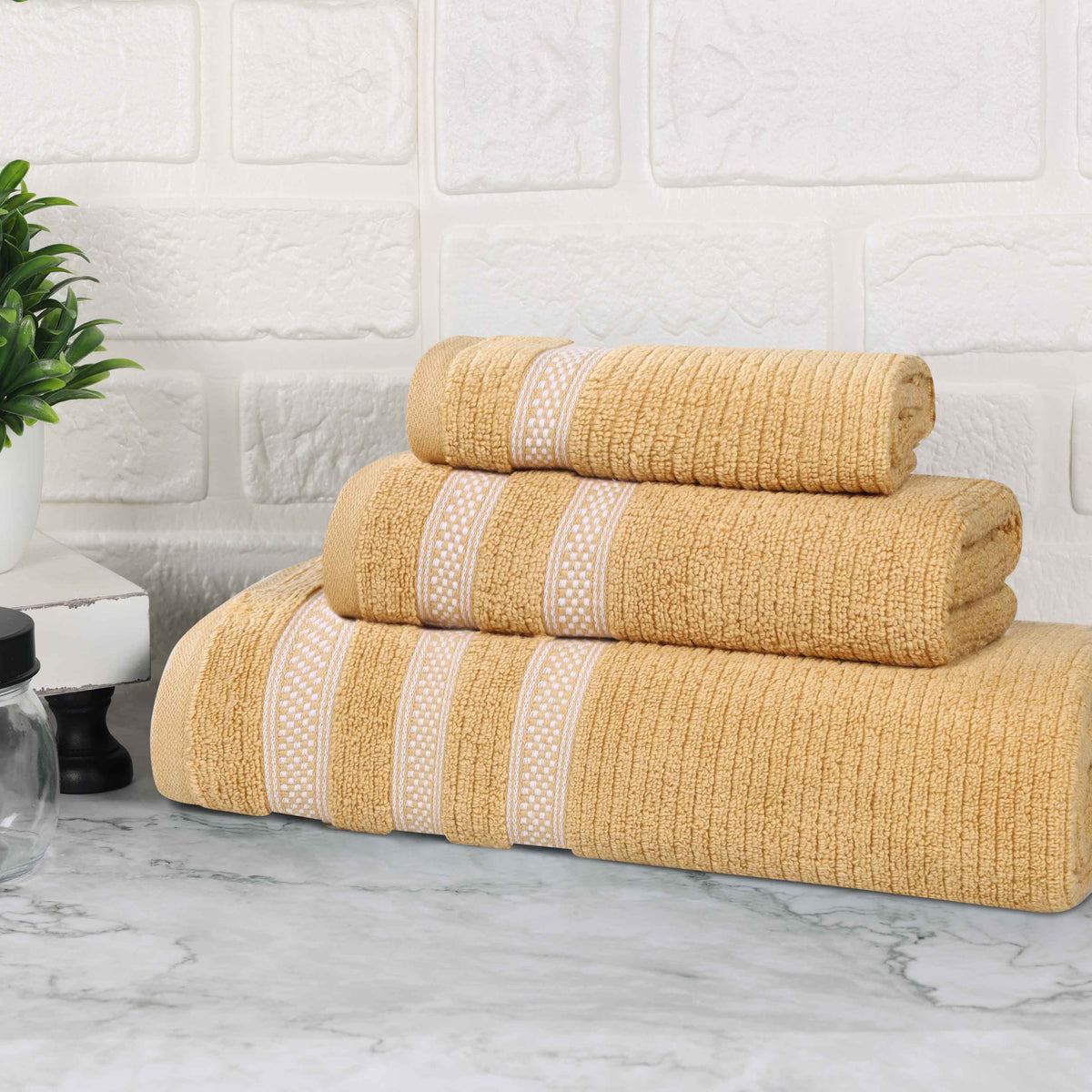 Brea Zero Twist Cotton Ribbed Geometric Border 3 Piece Towel Set
