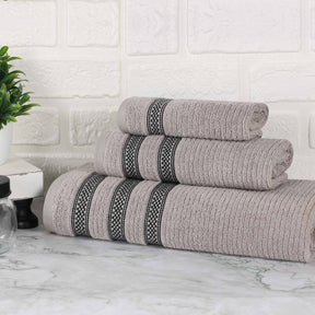 Brea Zero Twist Cotton Ribbed Geometric Border 3 Piece Towel Set