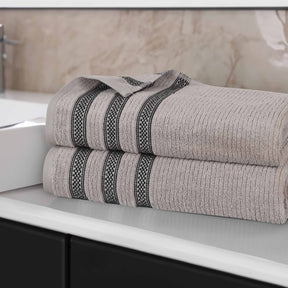 Brea Zero Twist Cotton Ribbed Geometric Border Bath Sheet Set of 2