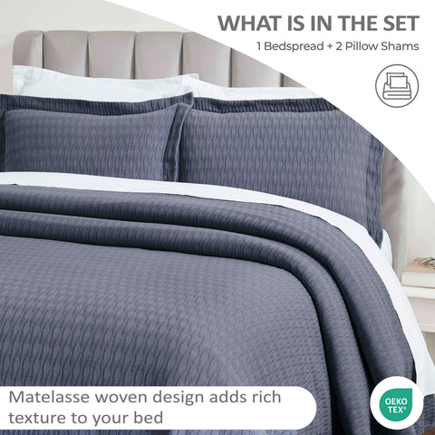 Lightweight Cotton Bedspread Sets 3-Piece Calvert Diamond Matelassé Jacquard