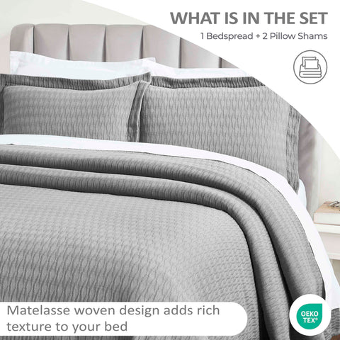 Lightweight Cotton Bedspread Sets 3-Piece Calvert Diamond Matelassé Jacquard