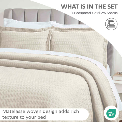 Lightweight Cotton Bedspread Sets 3-Piece Calvert Diamond Matelassé Jacquard