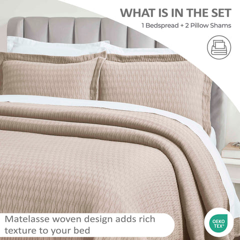 Lightweight Cotton Bedspread Sets 3-Piece Calvert Diamond Matelassé Jacquard