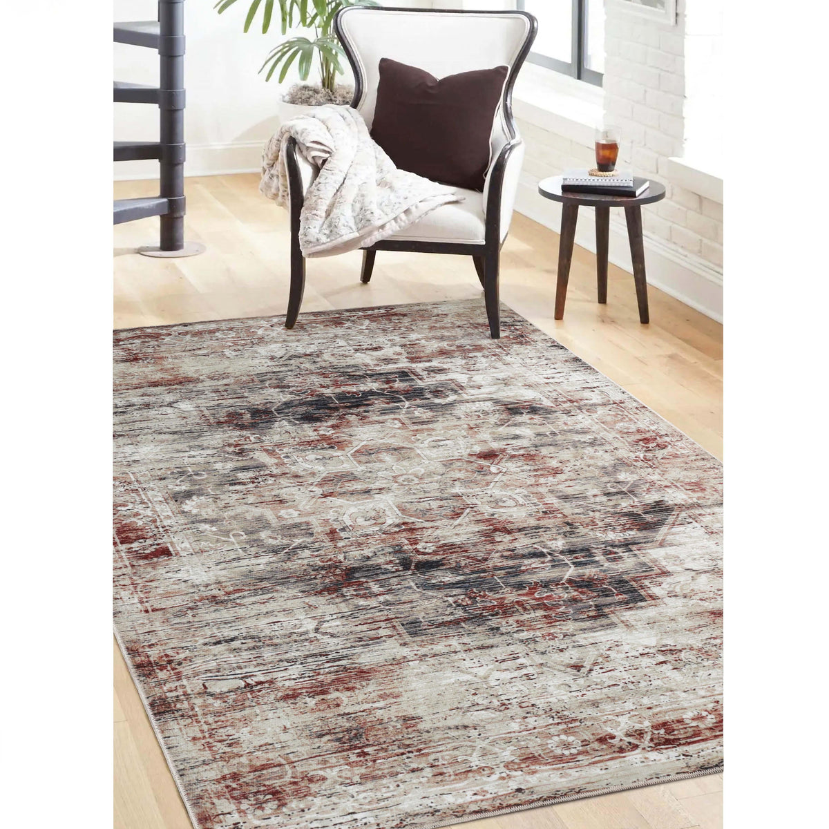 Canary Vintage Distressed Medallion Washable Indoor Area Rug
