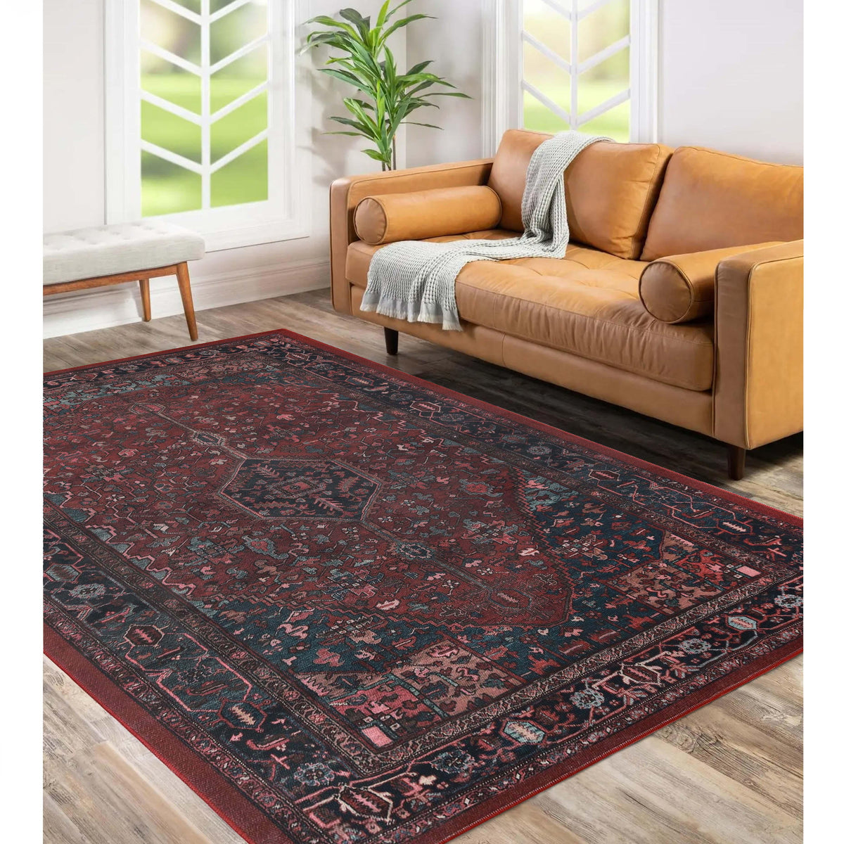 Cardinal Floral Medallion Washable Indoor Area Rug or Runner Rug