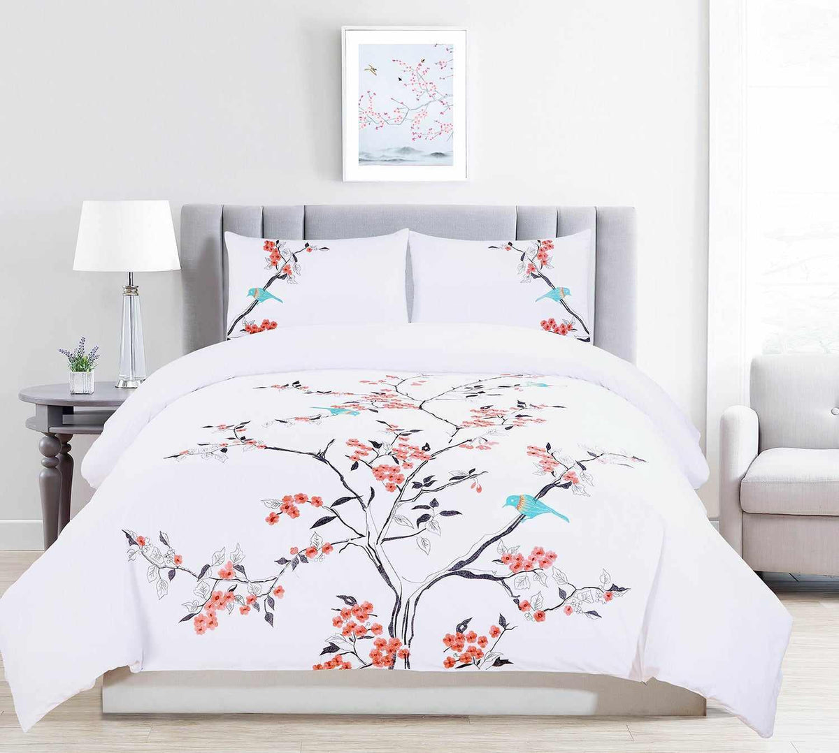 Cherry Garden Embroidered Cotton Duvet Cover Set