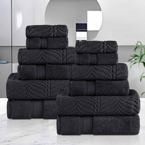 Chevron Zero Twist Solid and Jacquard Soft Cotton 12 Piece Towel Set