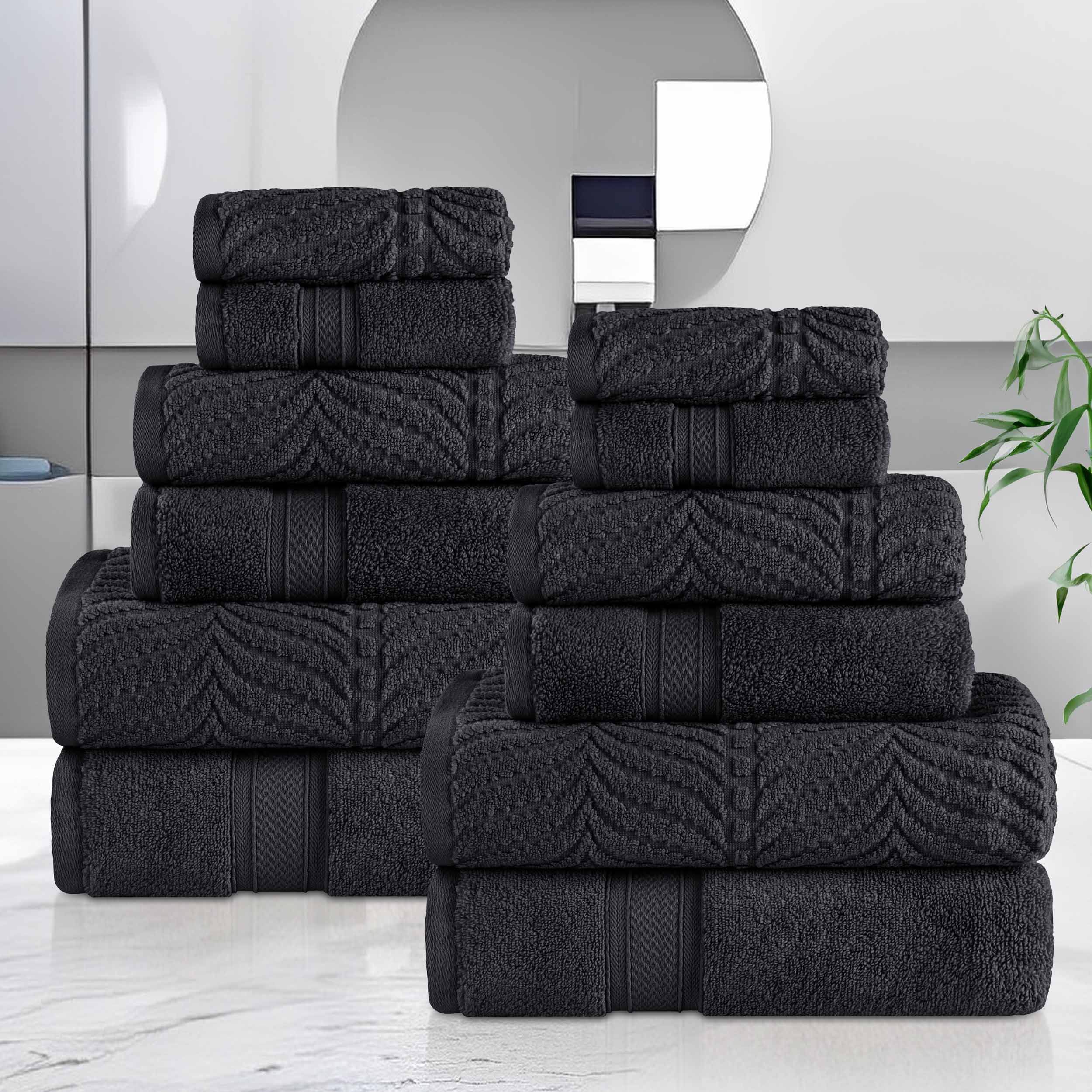 Chevron Zero Twist Solid and Jacquard Soft Cotton 12 Piece Towel Set